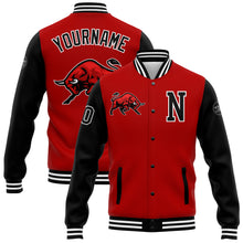 Load image into Gallery viewer, Custom Red Black-White 3D Pattern Design Bomber Full-Snap Varsity Letterman Jacket
