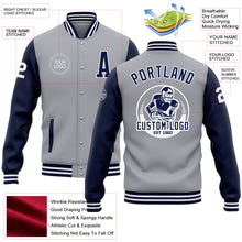 Charger l&#39;image dans la galerie, Custom Gray Navy-White Bomber Full-Snap Varsity Letterman Two Tone Jacket
