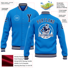 Charger l&#39;image dans la galerie, Custom Powder Blue Navy-White Bomber Full-Snap Varsity Letterman Jacket
