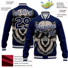 Load image into Gallery viewer, Custom Navy White-Gray Wolf 3D Pattern Design Bomber Full-Snap Varsity Letterman Jacket
