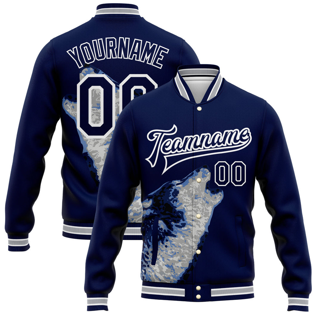 Custom Navy White-Gray Wolf Howling 3D Pattern Design Bomber Full-Snap Varsity Letterman Jacket