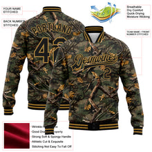 Charger l&#39;image dans la galerie, Custom Camo Black-Old Gold Classic Wood Camouflage 3D Bomber Full-Snap Varsity Letterman Salute To Service Jacket
