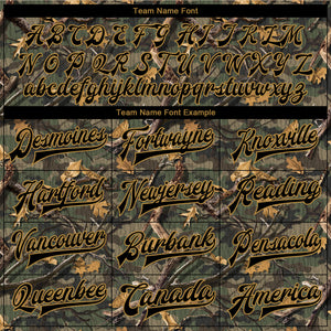 Custom Camo Black-Old Gold Classic Wood Camouflage 3D Bomber Full-Snap Varsity Letterman Salute To Service Jacket