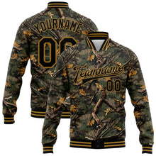 Charger l&#39;image dans la galerie, Custom Camo Black-Old Gold Classic Wood Camouflage 3D Bomber Full-Snap Varsity Letterman Salute To Service Jacket
