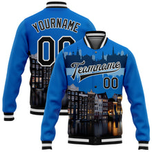 Charger l&#39;image dans la galerie, Custom Blue Black-White Amsterdam Netherlands City Edition 3D Bomber Full-Snap Varsity Letterman Jacket
