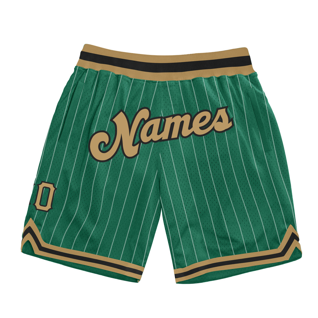 Custom Kelly Green White Pinstripe Old Gold-Black Authentic Basketball Shorts