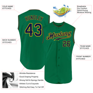 Custom Kelly Green Navy-Gold Authentic Sleeveless Baseball Jersey