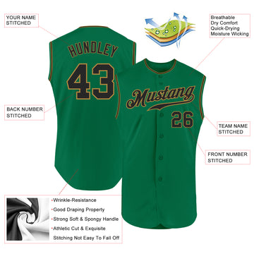 Custom Kelly Green Black-Old Gold Authentic Sleeveless Baseball Jersey