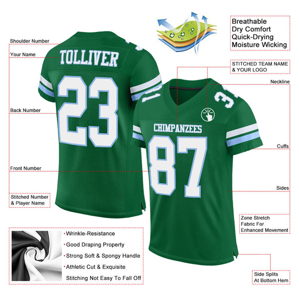 Cheap Custom Kelly Green White-Light Blue Mesh Authentic Football Jersey  Free Shipping – CustomJerseysPro