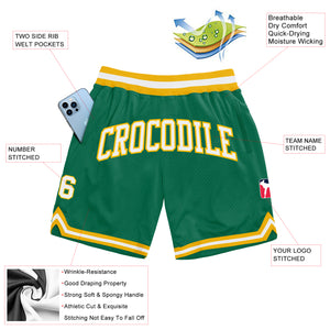 Custom Kelly Green White-Gold Authentic Throwback Basketball Shorts