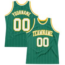 Laden Sie das Bild in den Galerie-Viewer, Custom Kelly Green White Pinstripe White-Gold Authentic Basketball Jersey
