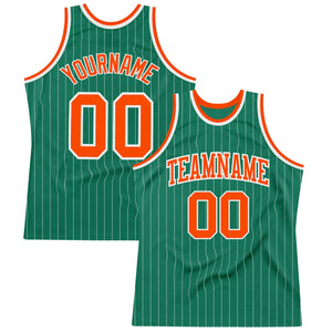 Custom Kelly Green White Pinstripe Orange Authentic Basketball Jersey