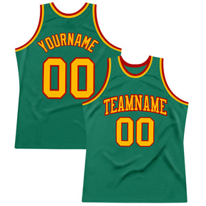 Custom Kelly Green Gold-Red Authentic Throwback Basketball Jersey