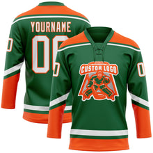 Laden Sie das Bild in den Galerie-Viewer, Custom Kelly Green White-Orange Hockey Lace Neck Jersey
