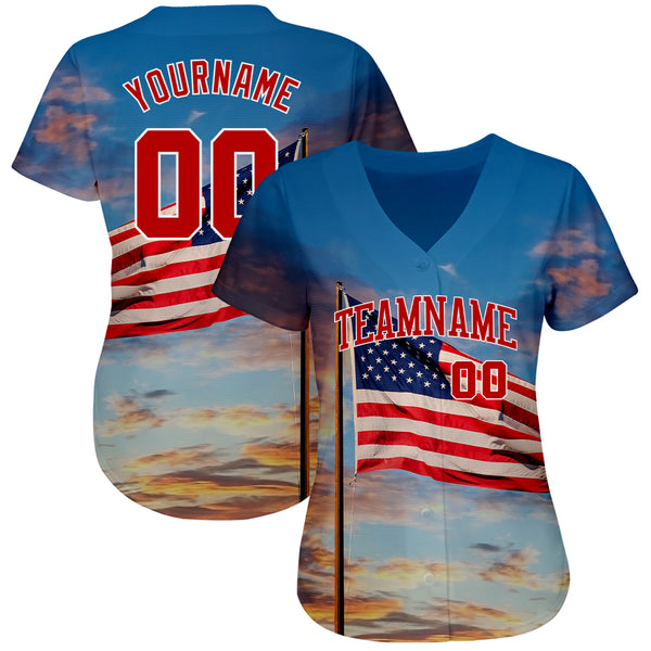 Custom Light Blue Red-White 3D American Flag Fashion Authentic Baseball  Jersey