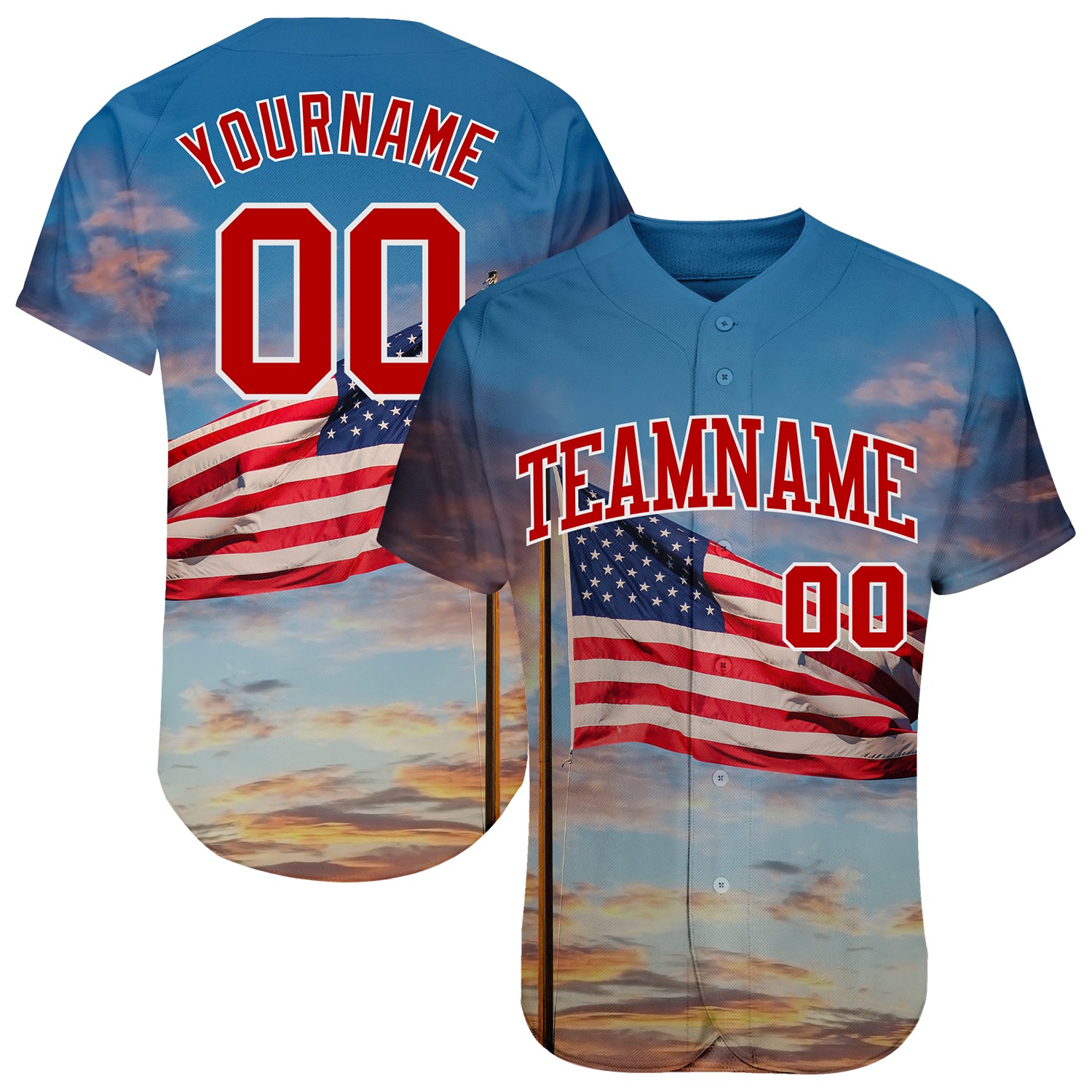 Custom Light Blue Red-White 3D American Flag Fashion Authentic Baseball  Jersey