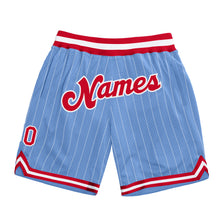 Laden Sie das Bild in den Galerie-Viewer, Custom Light Blue White Pinstripe Red-White Authentic Basketball Shorts
