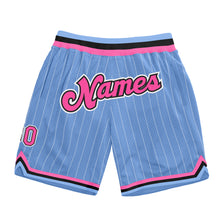 Laden Sie das Bild in den Galerie-Viewer, Custom Light Blue White Pinstripe Pink-Black Authentic Basketball Shorts
