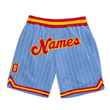 Laden Sie das Bild in den Galerie-Viewer, Custom Light Blue White Pinstripe Red-Gold Authentic Basketball Shorts
