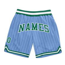 Laden Sie das Bild in den Galerie-Viewer, Custom Light Blue White Pinstripe Kelly Green-White Authentic Basketball Shorts
