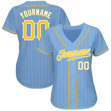 Load image into Gallery viewer, Custom Light Blue Gold Pinstripe Gold-White Authentic Baseball Jersey
