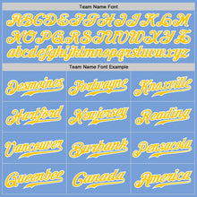 Load image into Gallery viewer, Custom Light Blue Gold Pinstripe Gold-White Authentic Baseball Jersey
