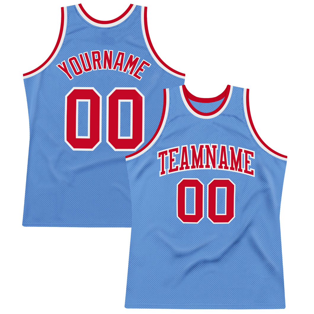 Custom Light Blue Red-White Authentic Throwback Basketball Jersey