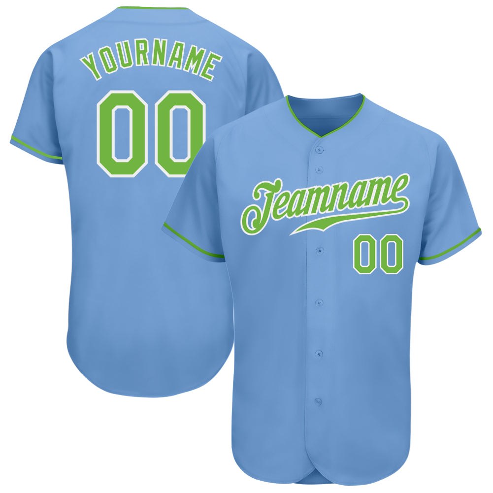 Cheap Custom Neon Green Light Blue-White Authentic Baseball Jersey