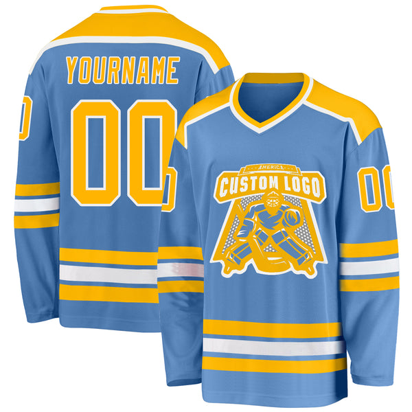 Custom Light Blue Gold-White Hockey Jersey Discount