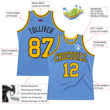 Laden Sie das Bild in den Galerie-Viewer, Custom Light Blue Gold-Black Authentic Throwback Basketball Jersey
