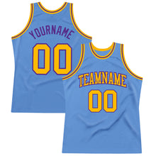 Laden Sie das Bild in den Galerie-Viewer, Custom Light Blue Gold-Purple Authentic Throwback Basketball Jersey
