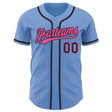 Custom Light Blue Pink Pinstripe Black Authentic Baseball Jersey