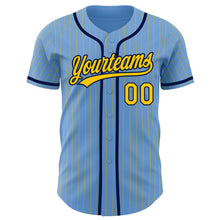 Load image into Gallery viewer, Custom Light Blue Yellow Pinstripe Navy Authentic Baseball Jersey
