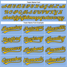 Load image into Gallery viewer, Custom Light Blue Yellow Pinstripe Navy Authentic Baseball Jersey
