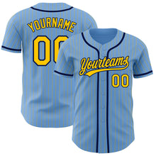 Load image into Gallery viewer, Custom Light Blue Yellow Pinstripe Navy Authentic Baseball Jersey
