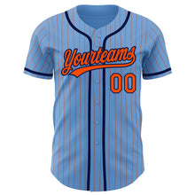 Load image into Gallery viewer, Custom Light Blue Orange Pinstripe Navy Authentic Baseball Jersey
