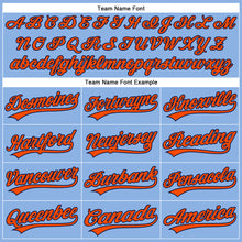 Load image into Gallery viewer, Custom Light Blue Orange Pinstripe Navy Authentic Baseball Jersey
