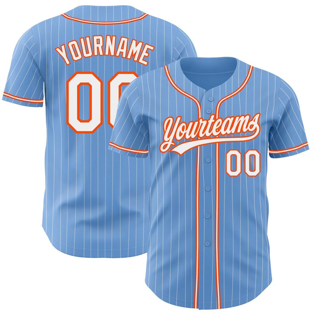 Custom Light Blue White Pinstripe Orange Authentic Baseball Jersey