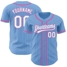 Load image into Gallery viewer, Custom Light Blue White Pinstripe Pink Authentic Baseball Jersey
