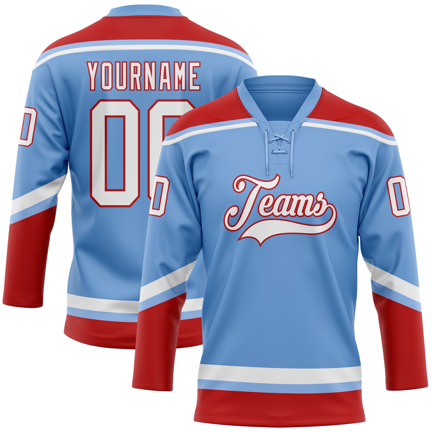 Custom Light Blue White Red Hockey Lace Neck Jersey