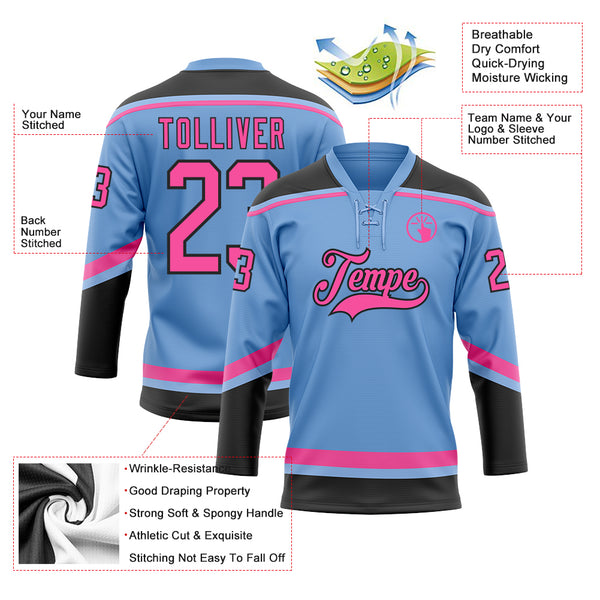 Cheap Custom Black Light Blue-Pink Hockey Jersey Free Shipping