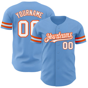 Custom Light Blue White-Orange Authentic Baseball Jersey