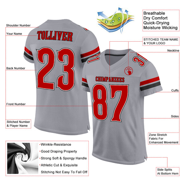 Custom Light Gray Red-Black Mesh Authentic Football Jersey Discount