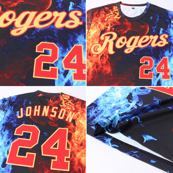 Custom Red Red-Gold 3D Pattern Design Flame Authentic Baseball Jersey