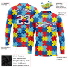 Загрузить изображение в средство просмотра галереи, Custom Colorful White-Royal Autism Awareness Puzzle Pieces 3D Pattern Long Sleeve Performance T-Shirt
