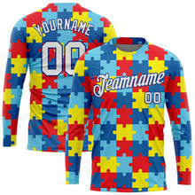 Загрузить изображение в средство просмотра галереи, Custom Colorful White-Royal Autism Awareness Puzzle Pieces 3D Pattern Long Sleeve Performance T-Shirt
