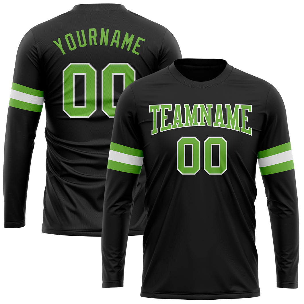 Custom Black Neon Green-White Long Sleeve Performance T-Shirt