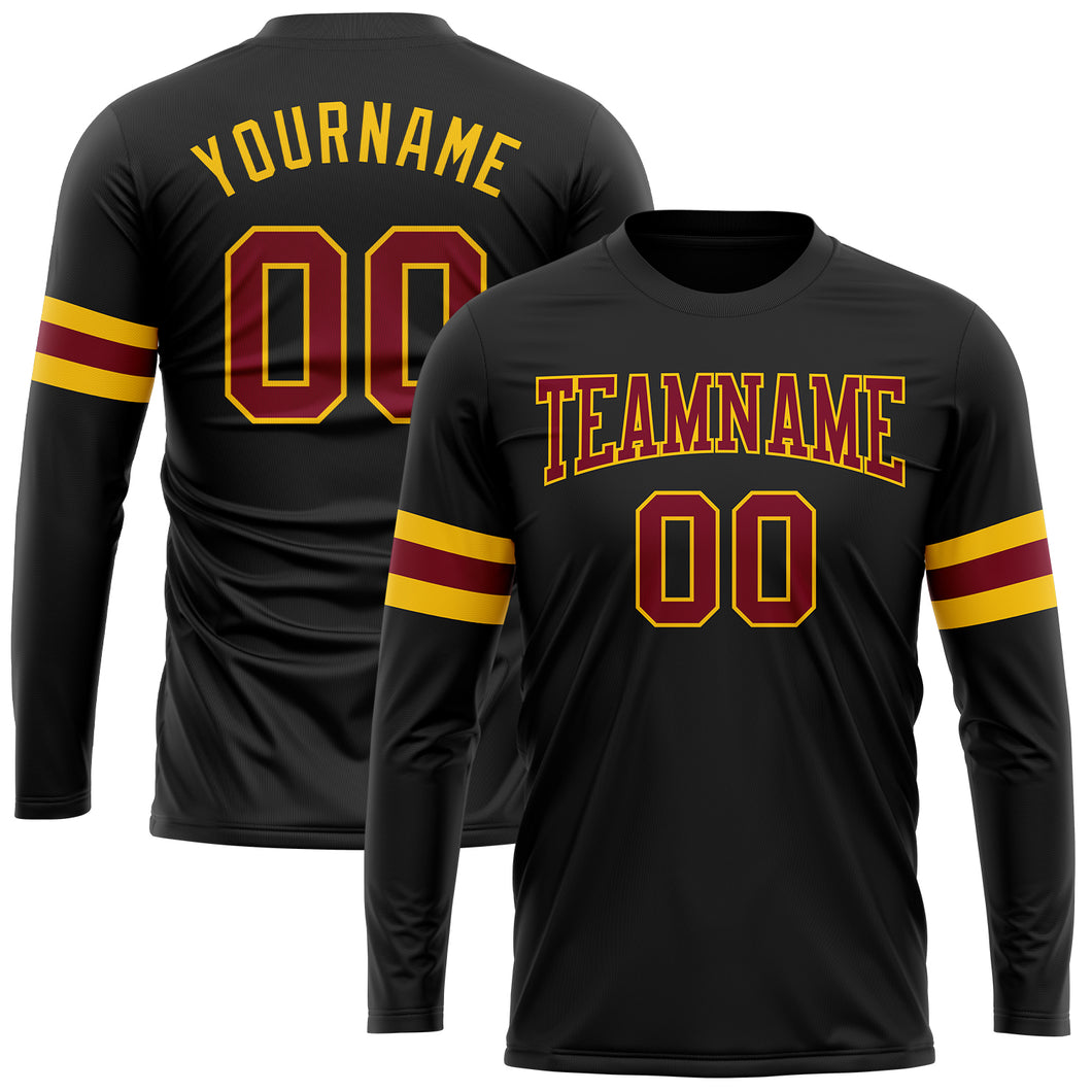 Custom Black Maroon-Gold Long Sleeve Performance T-Shirt