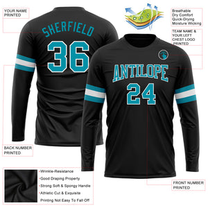 Custom Black Teal-White Long Sleeve Performance T-Shirt