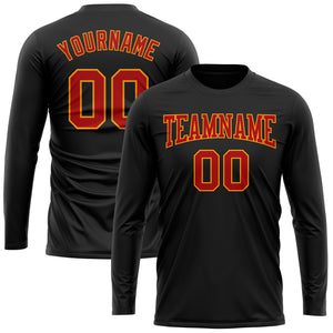 Custom Black Red-Gold Long Sleeve Performance T-Shirt